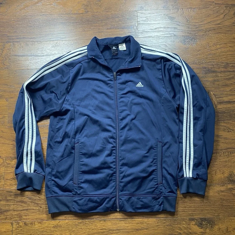 VTG Adidas Sample Jacket Mens L Blue White Windbreaker Full Zip Lightweight
